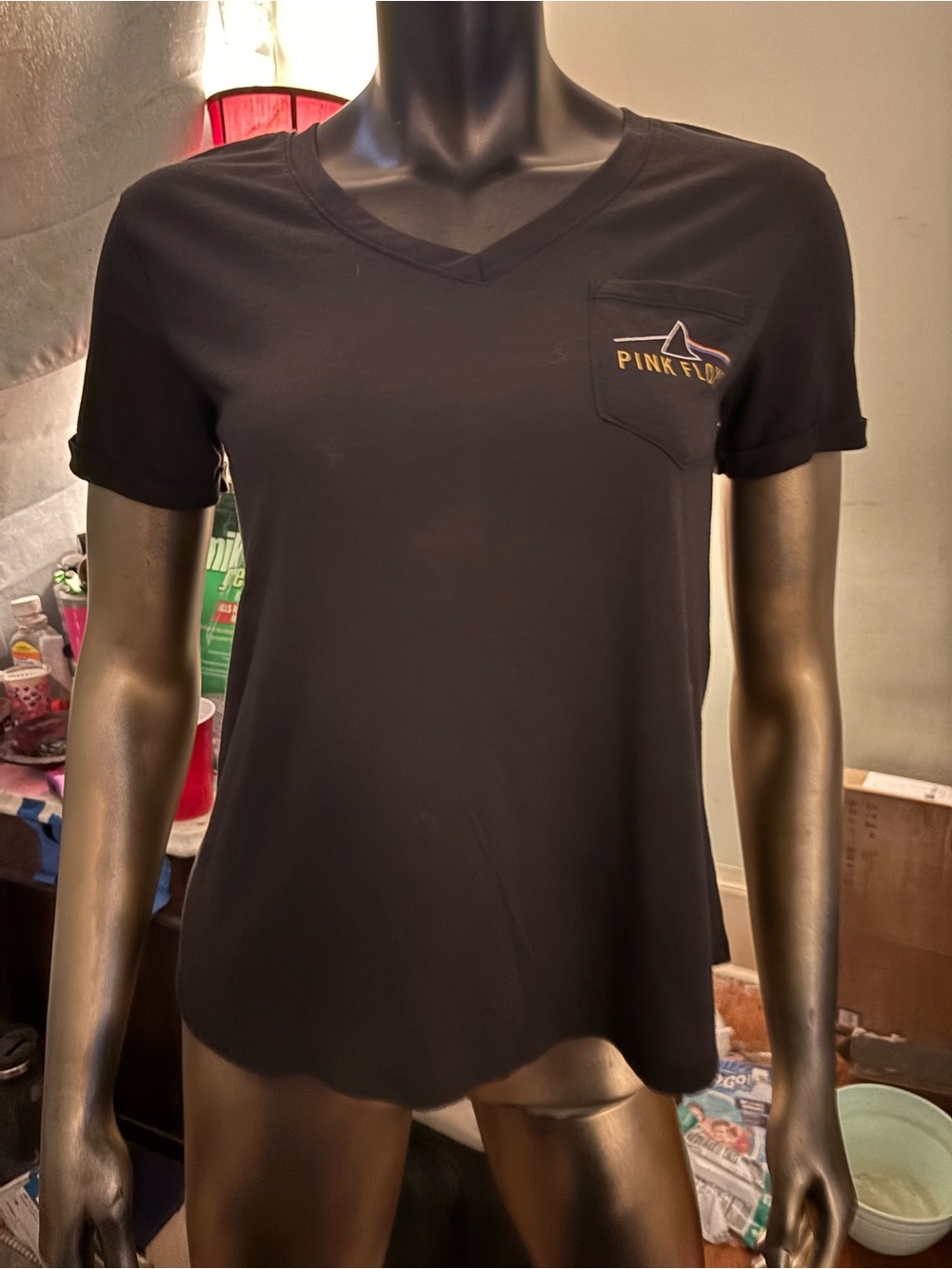 Pink Floyd Black Women's V-Neck Pocket Tee with Logo